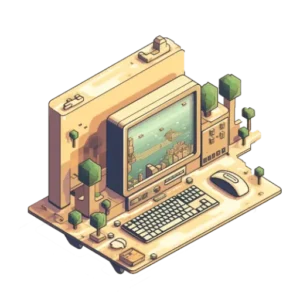 Illustration en pixel art d'un ordinateur affichant une interface web créative et écologique