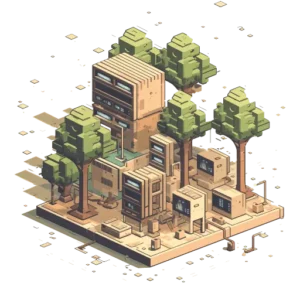 Illustration en pixel art d'un data center d'hébergement web écologique