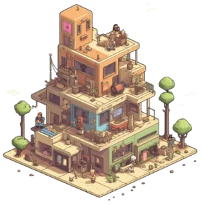 Illustration en pixel art d'un ensemble d'individus dans des situations différentes qui utilisent WordPress