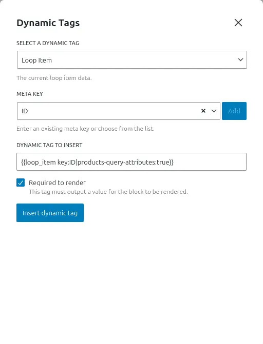Configuration du dynamic tag pour récupérer et afficher l'ID du produit