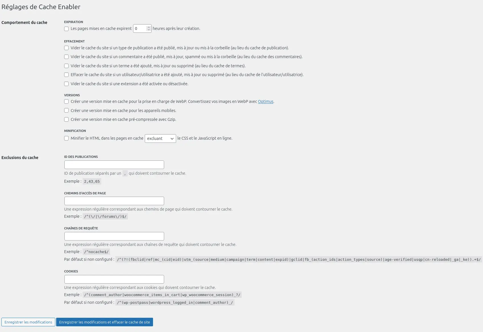 Page de configuration de l'extension Cache Enabler