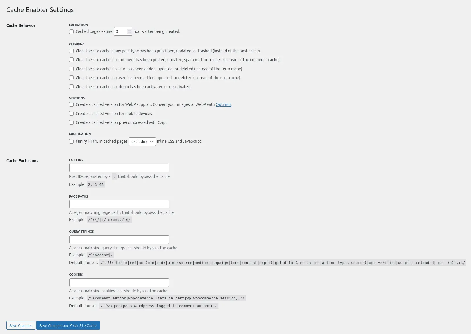 Cache enabler settings page