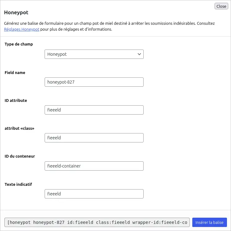 Fenêtre de configuration du champ "honeypot" de l'extension honeypot for contact form 7