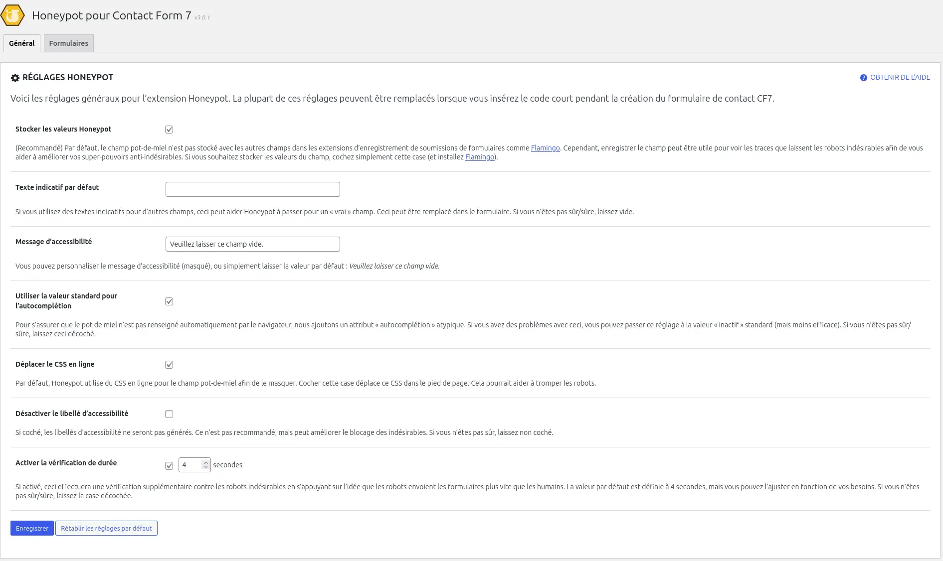 Page de réglages de l'extension Honeypot for contact form 7