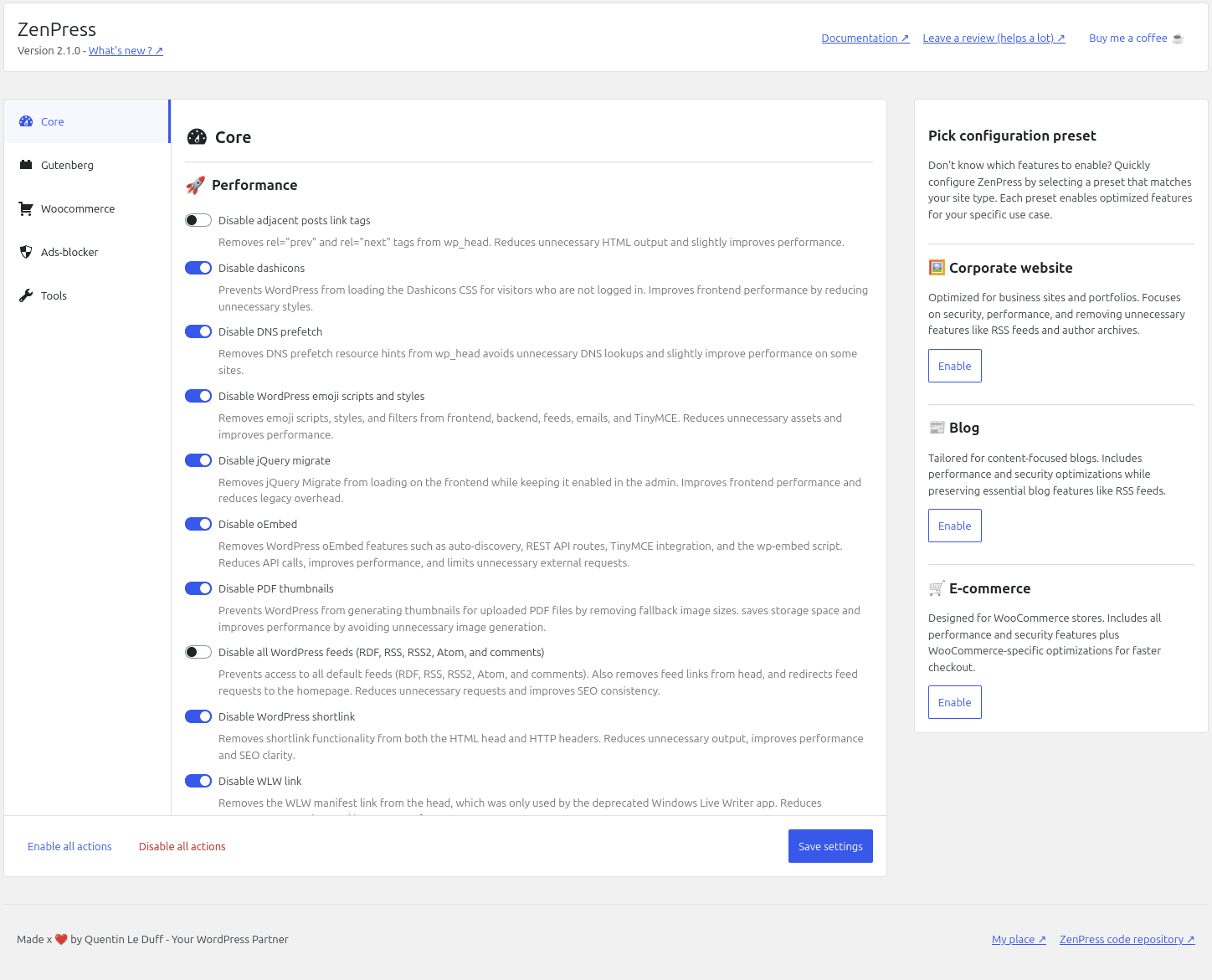 Capture d'écran de la page de réglages de ZenPress