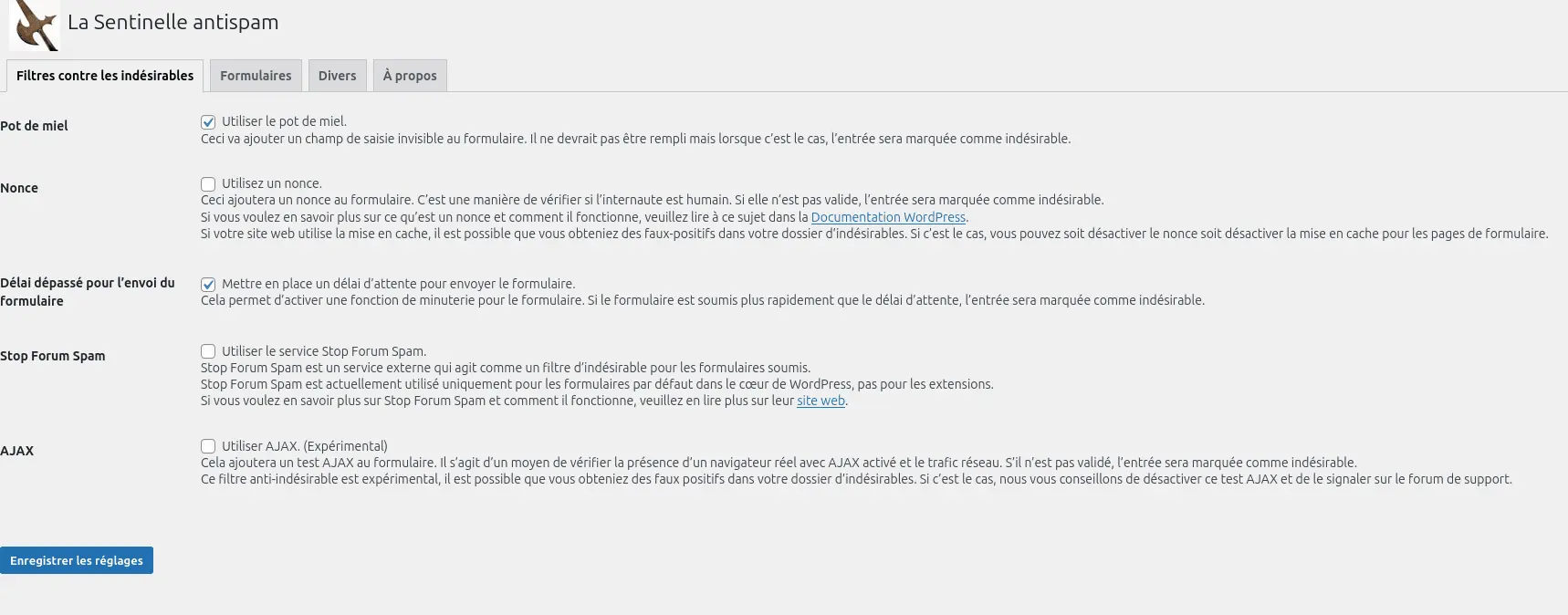 Capture d'écran de la page des réglages de l'extension "La Sentinelle antispam"