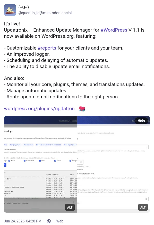 Mastodon screenshot showing the announcement of Updatronix version 1.1, with a preview of the new log export feature.