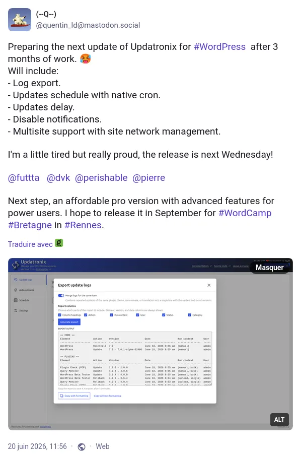 Capture d'écran Mastodon montrant l'annonce de la version 1.1 d'Updatronix, avec un aperçu de la nouvelle fonctionnalité d'exportation des logs.