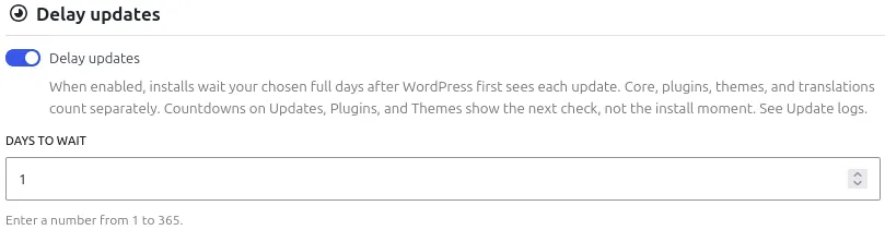 Updatronix interface: "Defer updates" option with an enabled toggle and an input field to set the delay in days.