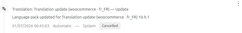 Updatronix log line indicating a "Cancelled" update for WooCommerce translation.