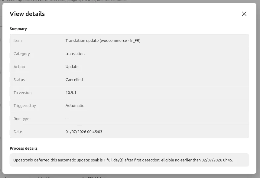 Updatronix details modal window displaying the reason for postponing the update.