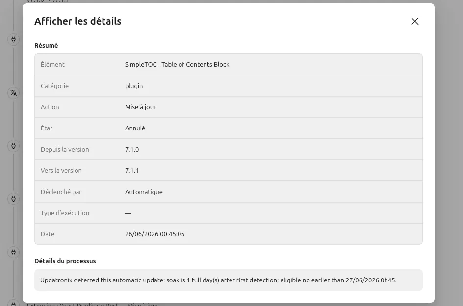Fenêtre modale de détails Updatronix affichant la raison du report de la mise à jour.