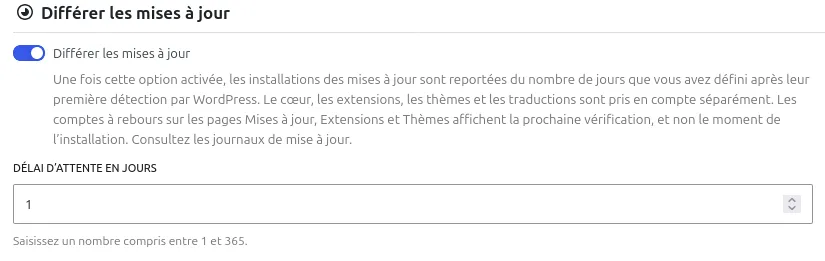 Interface Updatronix : option "Différer les mises à jour" avec un interrupteur activé et un champ de saisie pour définir le délai en jours.