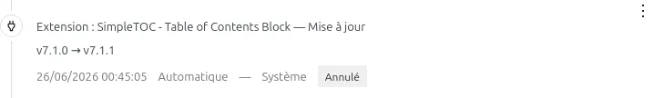 Ligne du journal Updatronix indiquant une mise à jour "Annulée" pour l'extension SimpleTOC.