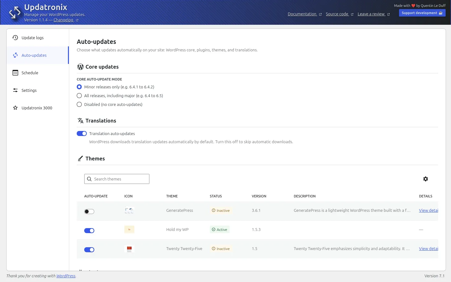 Auto-updates: Core update mode, translation toggle, and per-theme controls with status, version, and description columns.