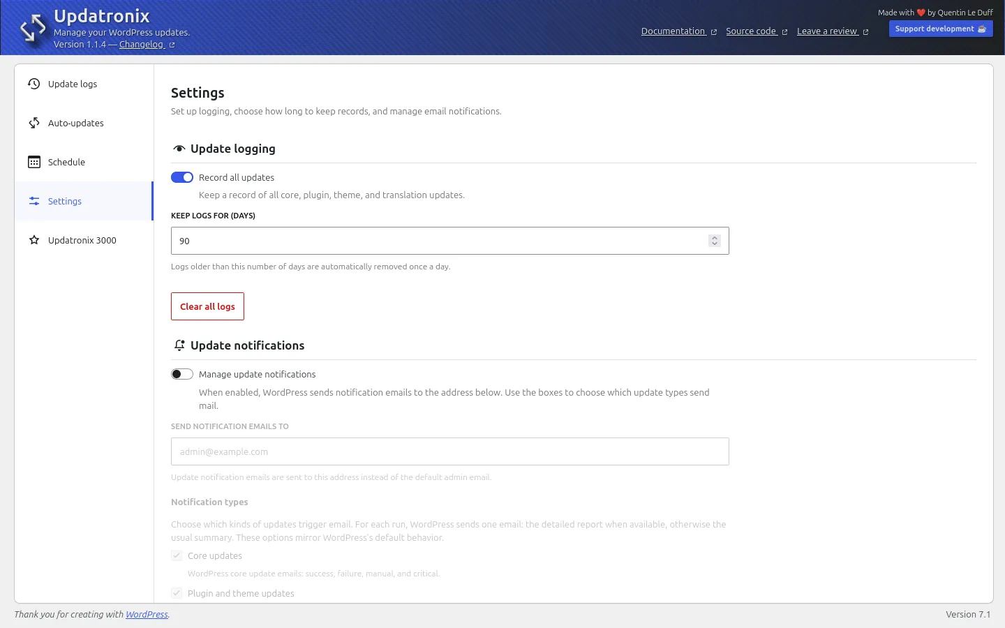 Settings: Logging toggle, retention period, and email notification routing.