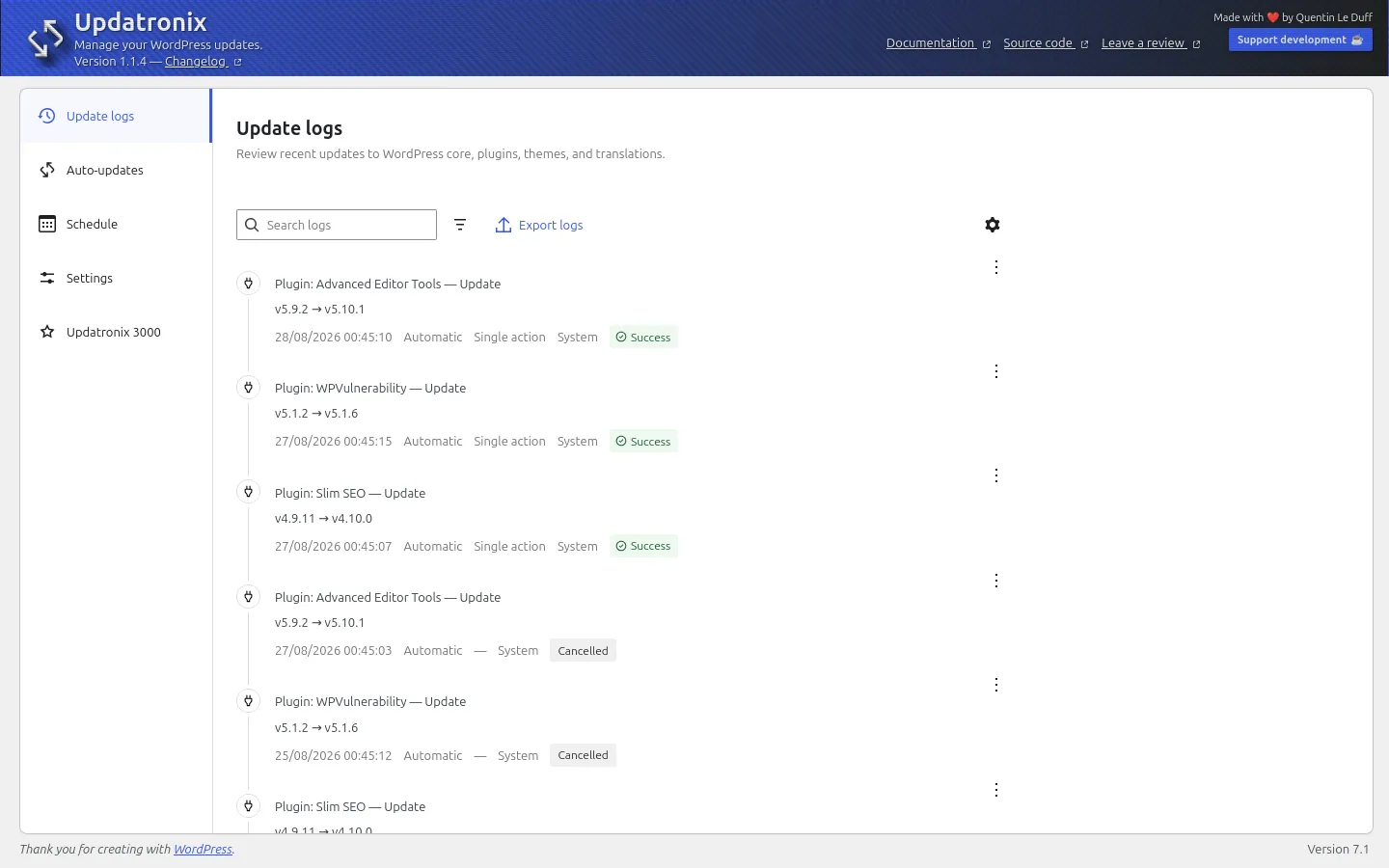 Updatronix update logs