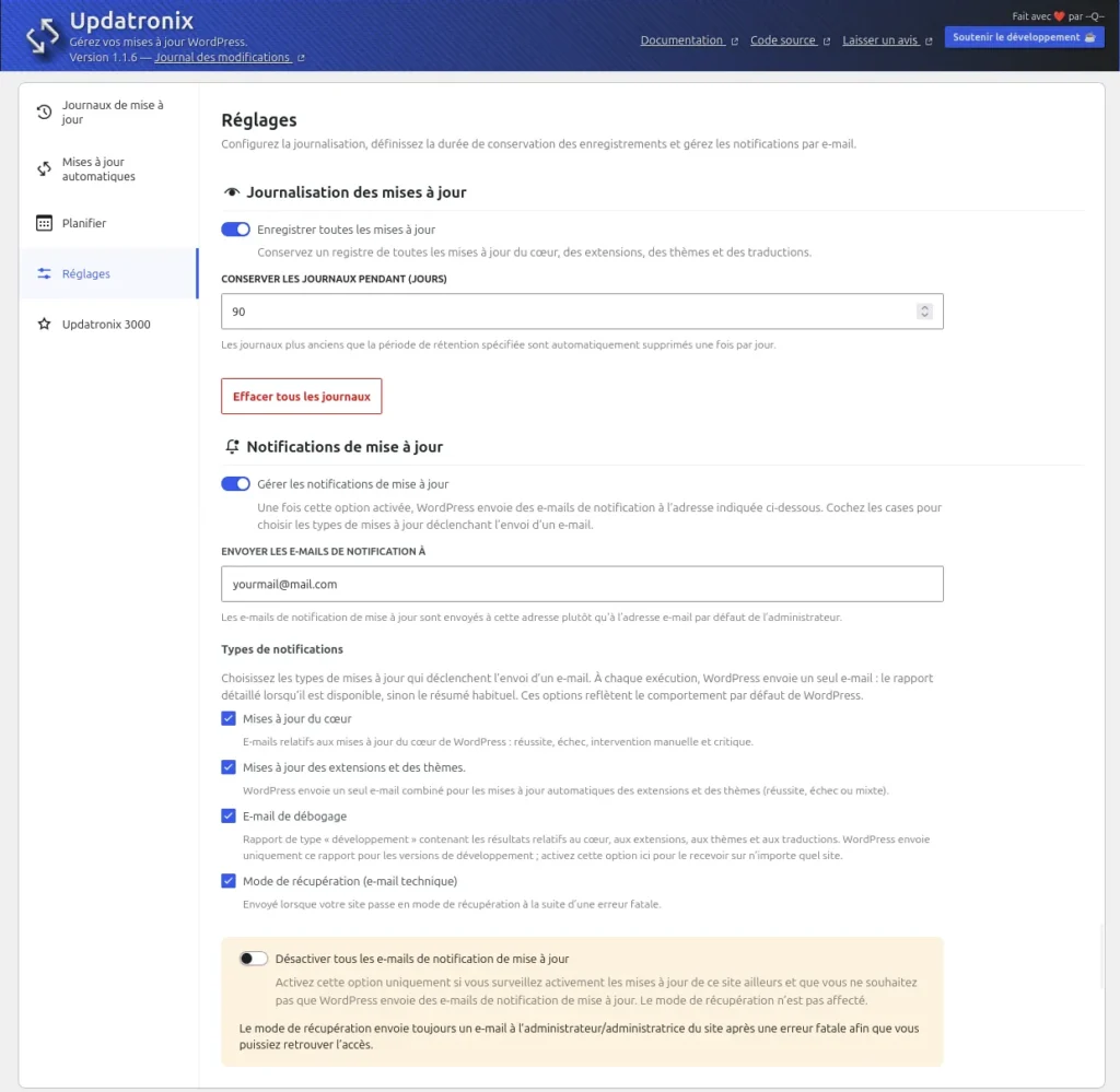 Réglages du journal et des e-mails