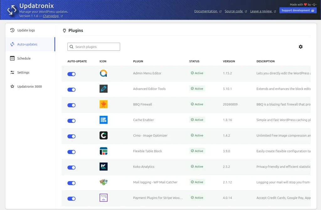 Auto-updates tab plugin list with toggles