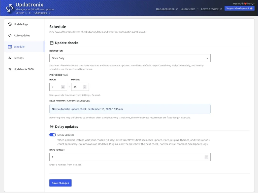 Schedule tab update checks and delay settings