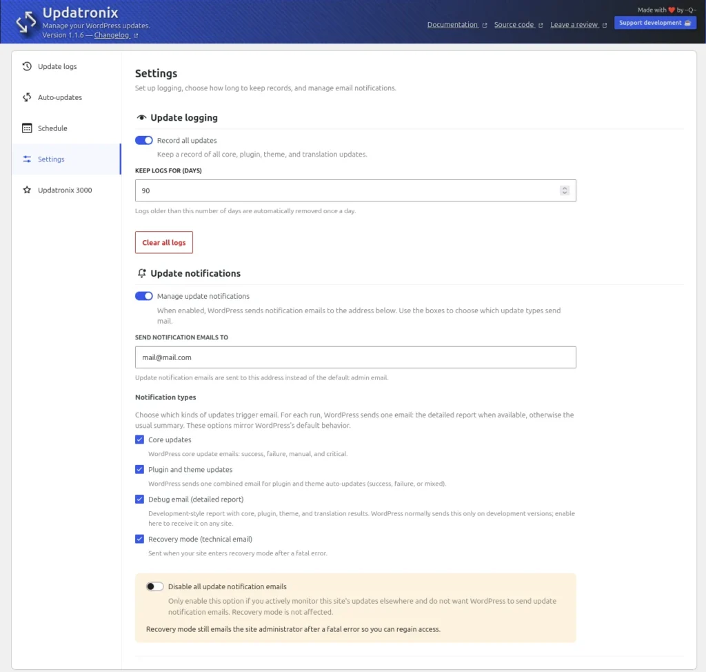 Settings tab logging and email sections